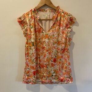 Floral ruffle sleeve top Tamara H gold sparkle flowy short sleeve pink blouse